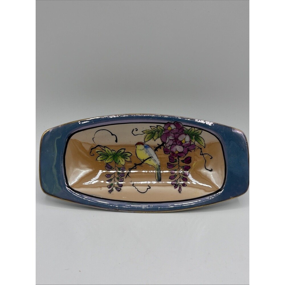 Vintage Lusterware Handpainted Trinket Dish Tray Bird Design Japan